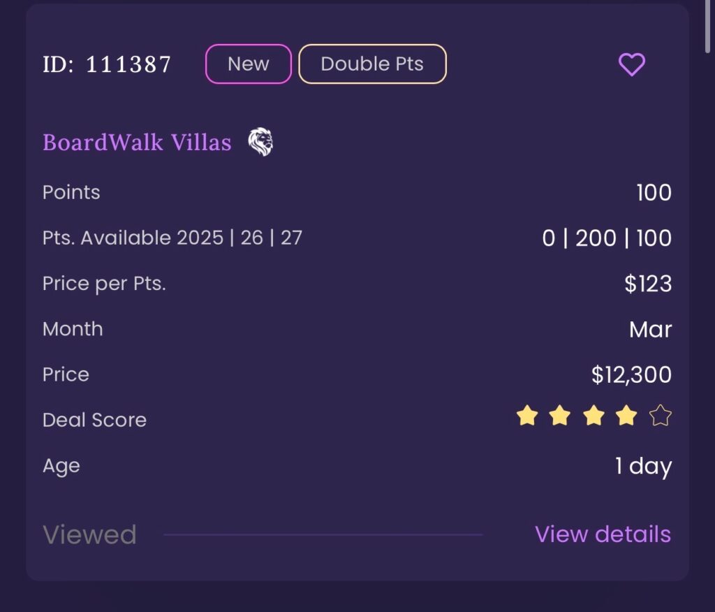 DVC resale listing for a BoardWalk Villas contract on a third-party broker site