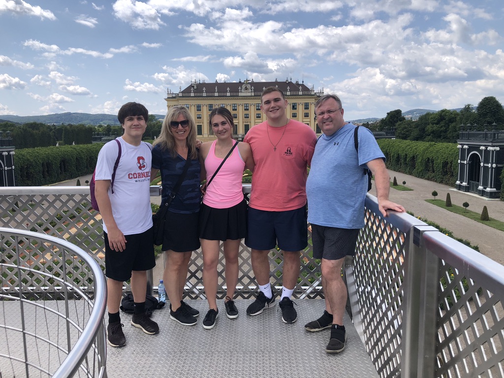 Rachel Friem with her husband and adult children during a family trip in Europe.