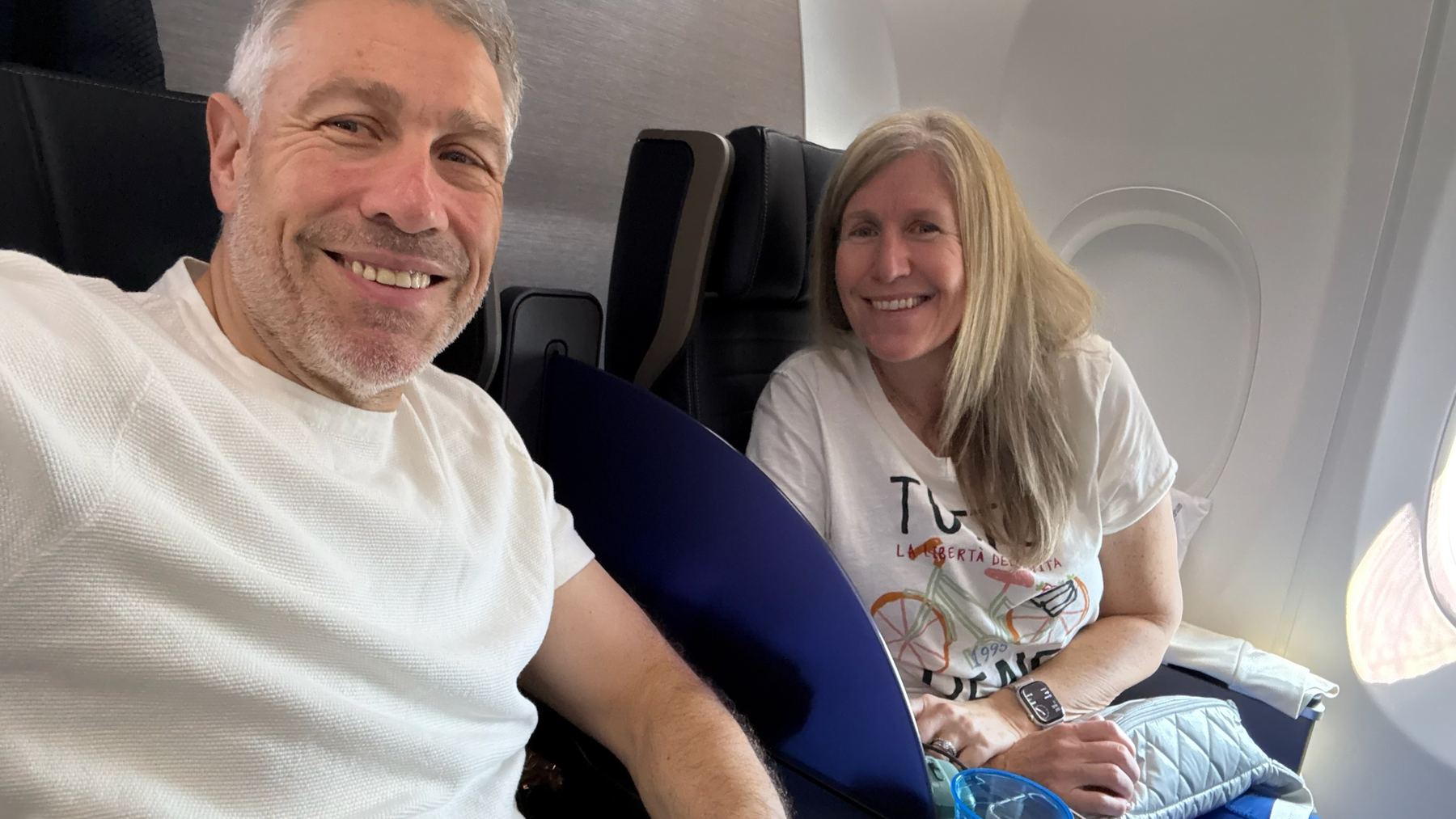 Rachel Friem and her brother seated on United's nonstop flight from Newark to Nuuk