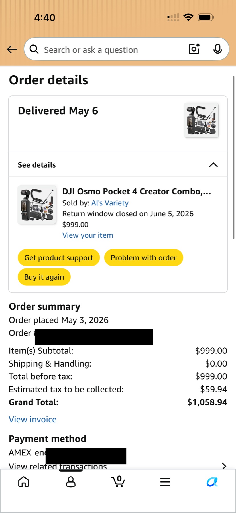 Redacted Amazon receipt used for my Amex Purchase Protection claim