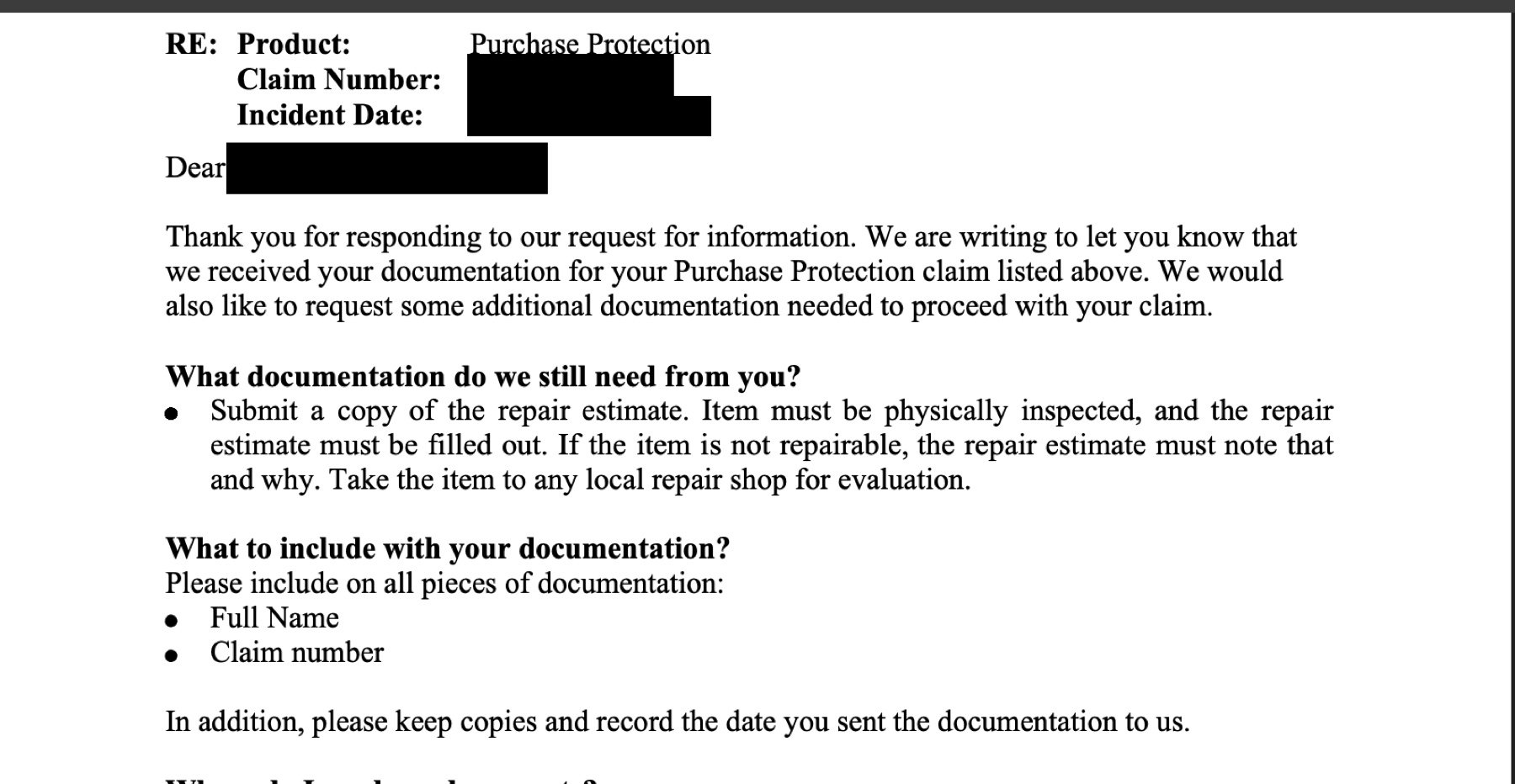 Redacted Amex Purchase Protection request for a physical inspection and repair estimate