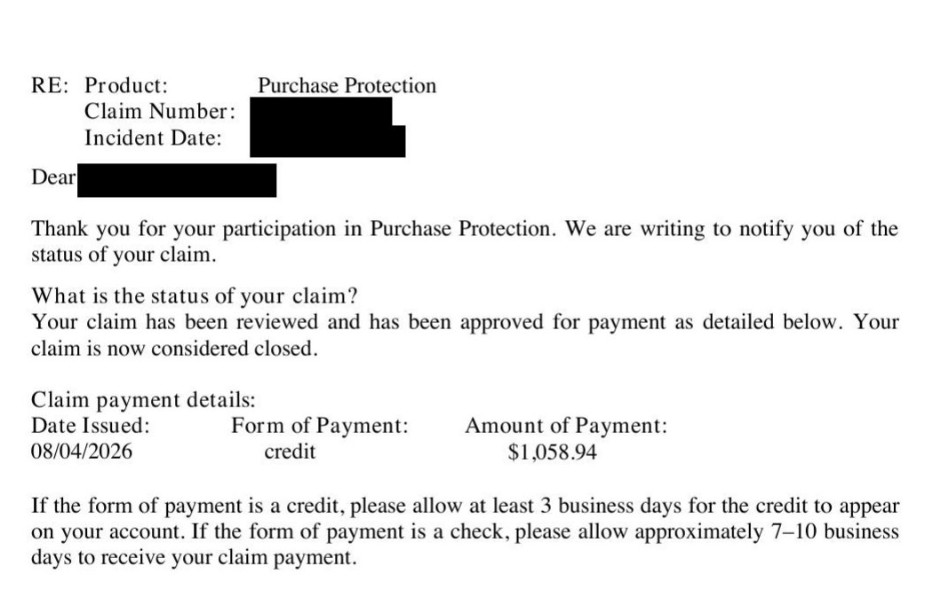 Redacted Amex Purchase Protection letter approving a $1,058.94 credit