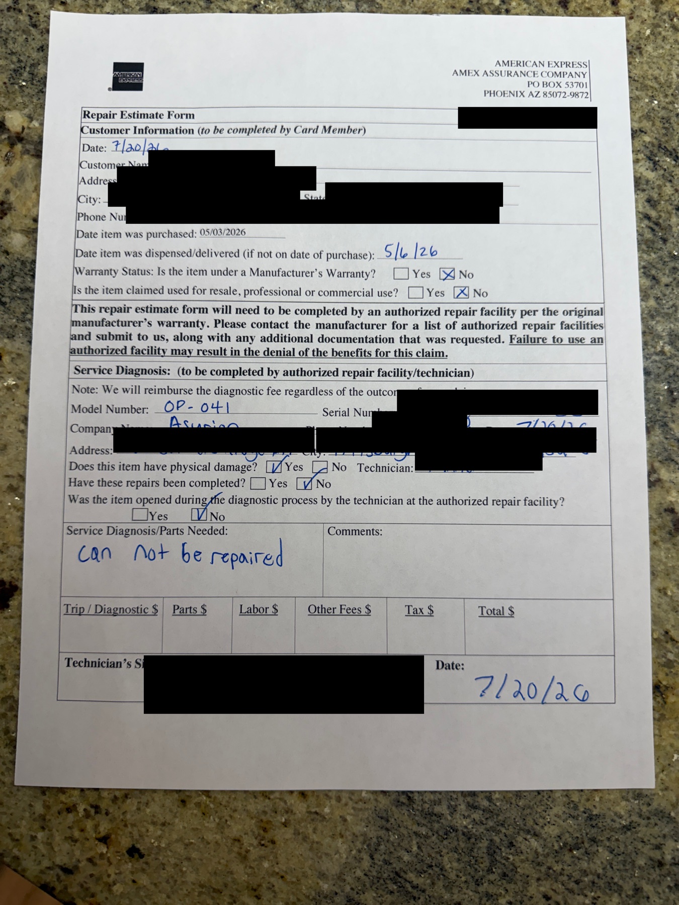 Redacted repair technician form submitted for my Amex Purchase Protection claim