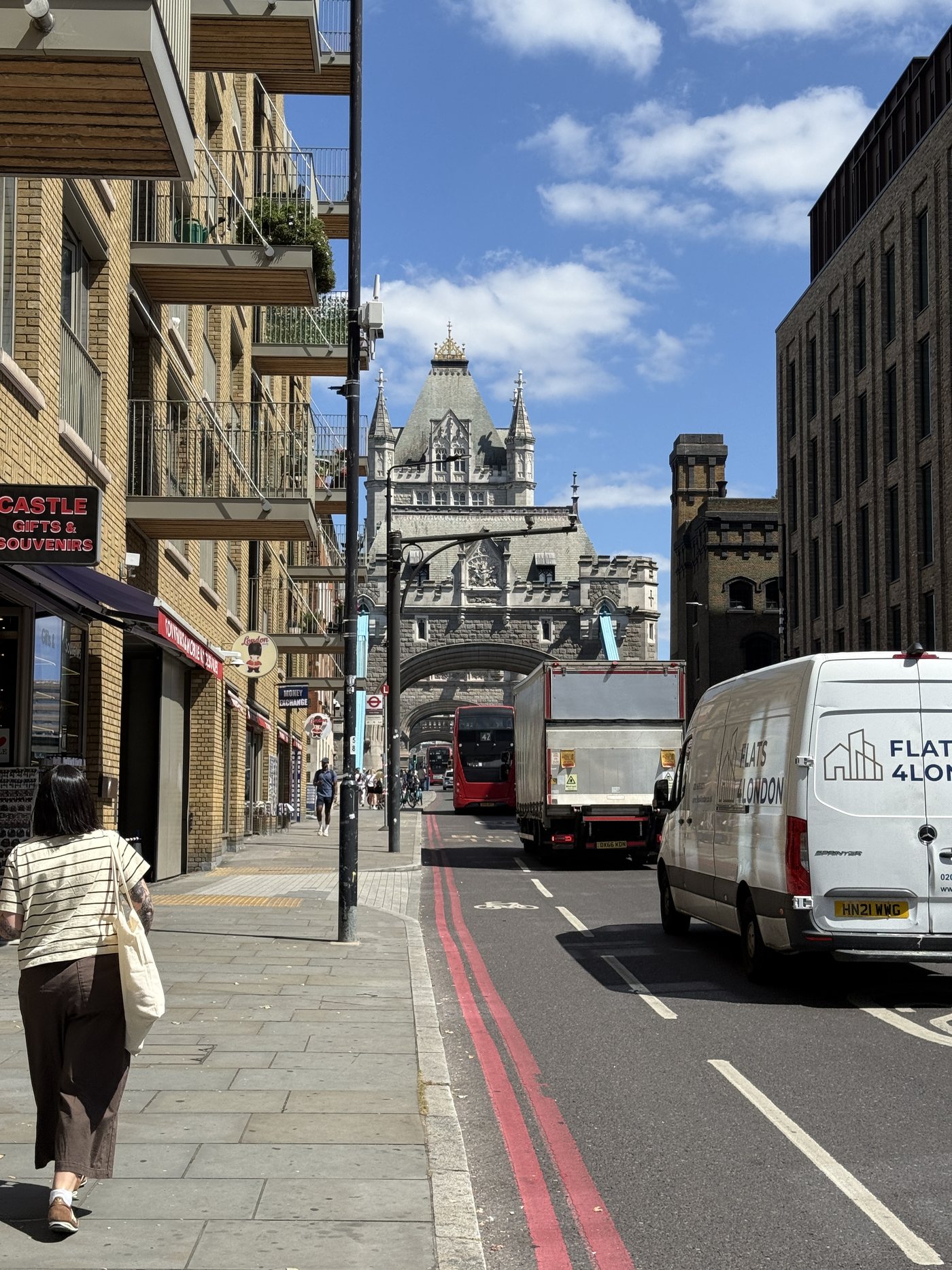 London street leading toward Tower Bridge at the beginning of a European trip